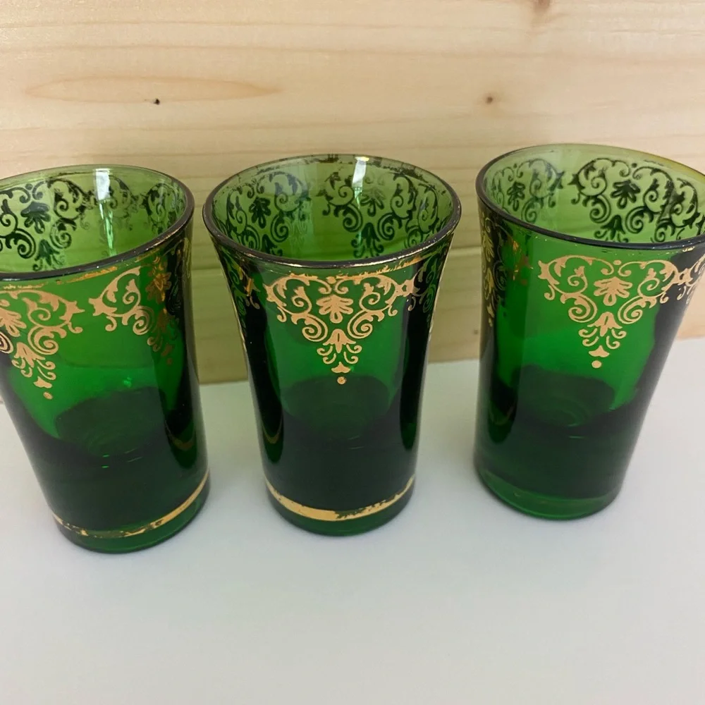 Vintage Emerald Green Gold Accent Shot Glasses Mid Century Barware Retro